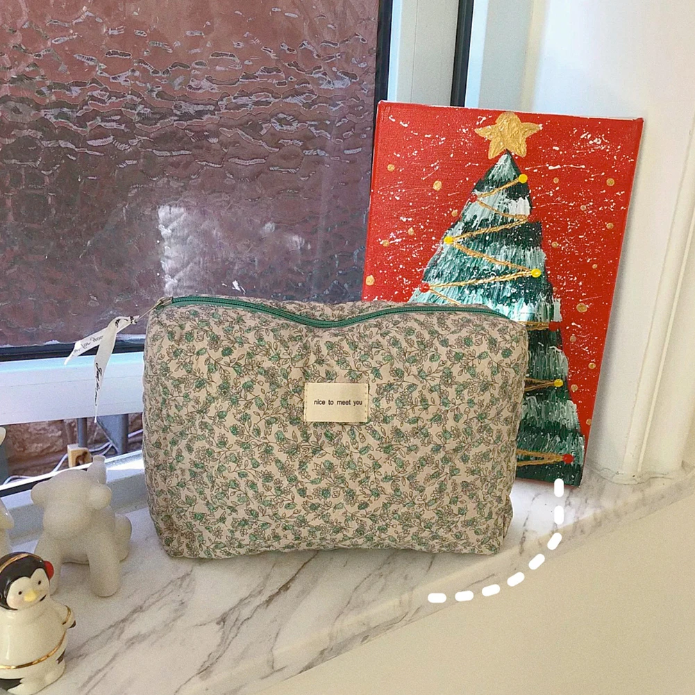 Korean Washing Bag Flower Prints Soft Cotton Travel Organizer Travel Portable Large Capacity Zipper for Women Girls Wallet Purse