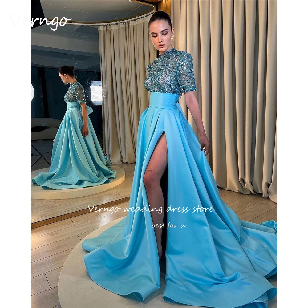 

Verngo Sparkly Light Blue Sequin Long Evening Dresses High Neck Sleeves Satin Split Prom Gowns Glitter Formal Party Dress