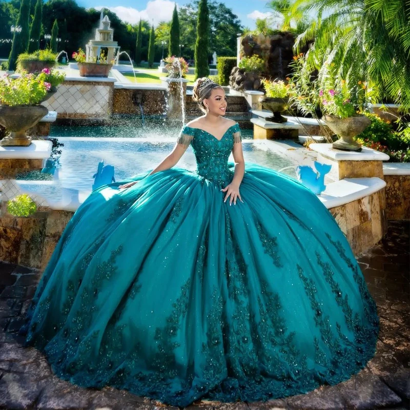 Emerald Green Off The Shoulder Quinceanera Dresses Ball Gown Floral