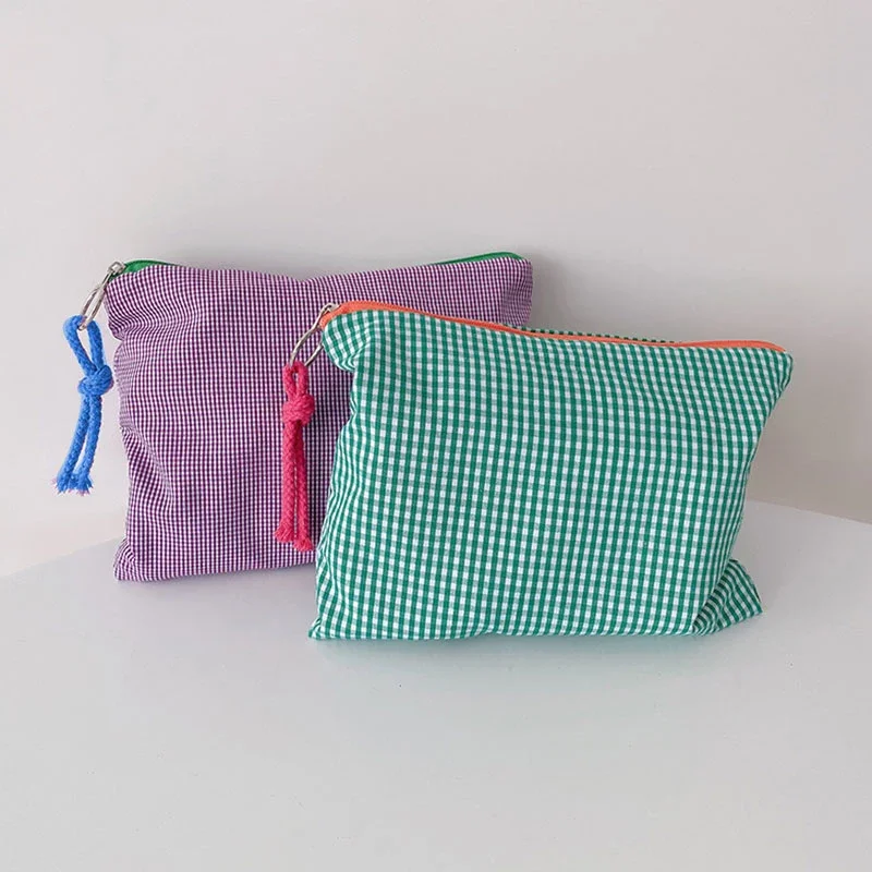 New Women Plaid Makeup Bag Large Capacity Cotton Zipper Pouch Purse Travel Clutch Makeup Bag Cosmetic Zipper Necessarie Feminina 5