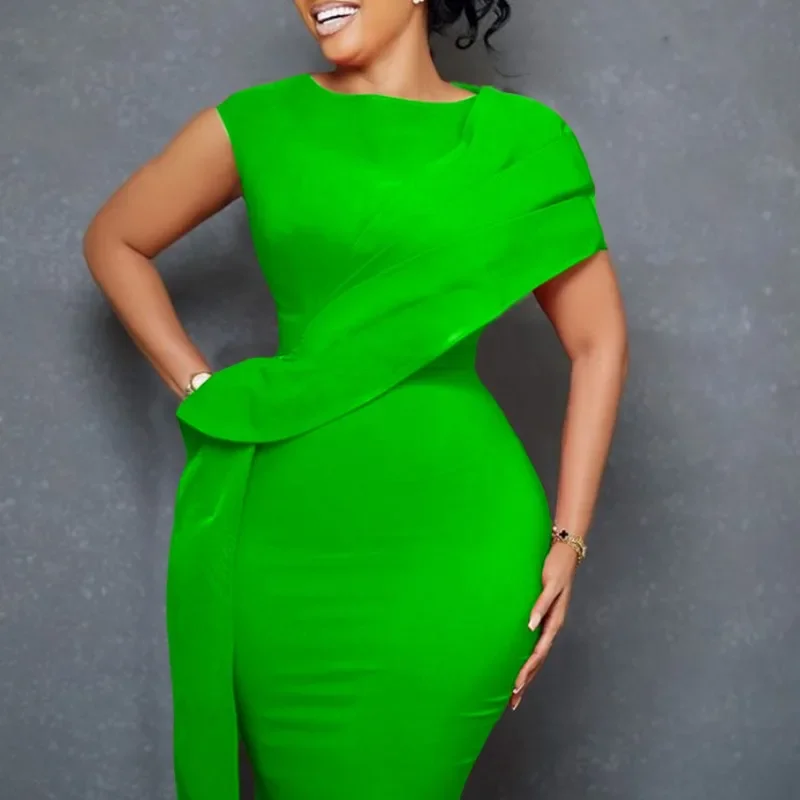 2024 Spring Summer African Women Short Sleeve O-neck Polyester Blue Green Orange Knee-length Dress African Dresses for Women