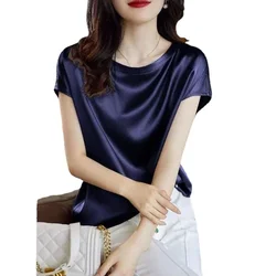 Office Lady Tops Summer Short Sleeve Blouses Satin Blouse Women Shirts Fashion Simple Solid Fashion Loose Shirt Blusas