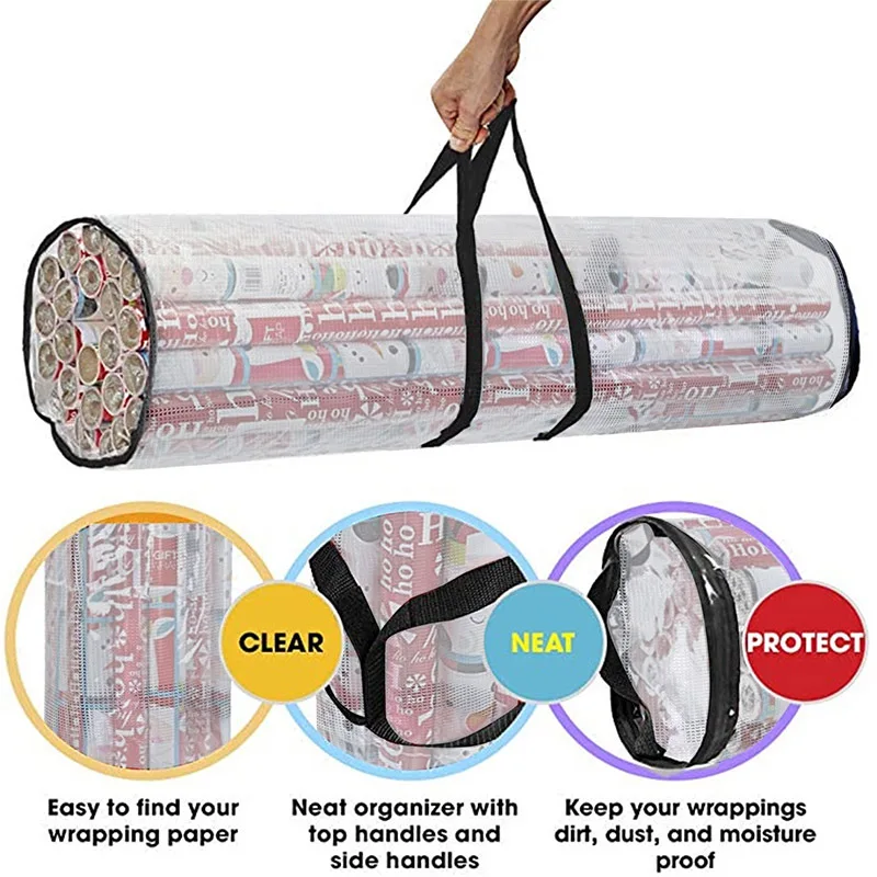 Christmas Wrapping Paper Storage Bag Durable Underbed Xmas Gift Wrap Organiser Easy Carry Handles Clear Waterproof PVC Bag gift wrapping organizer