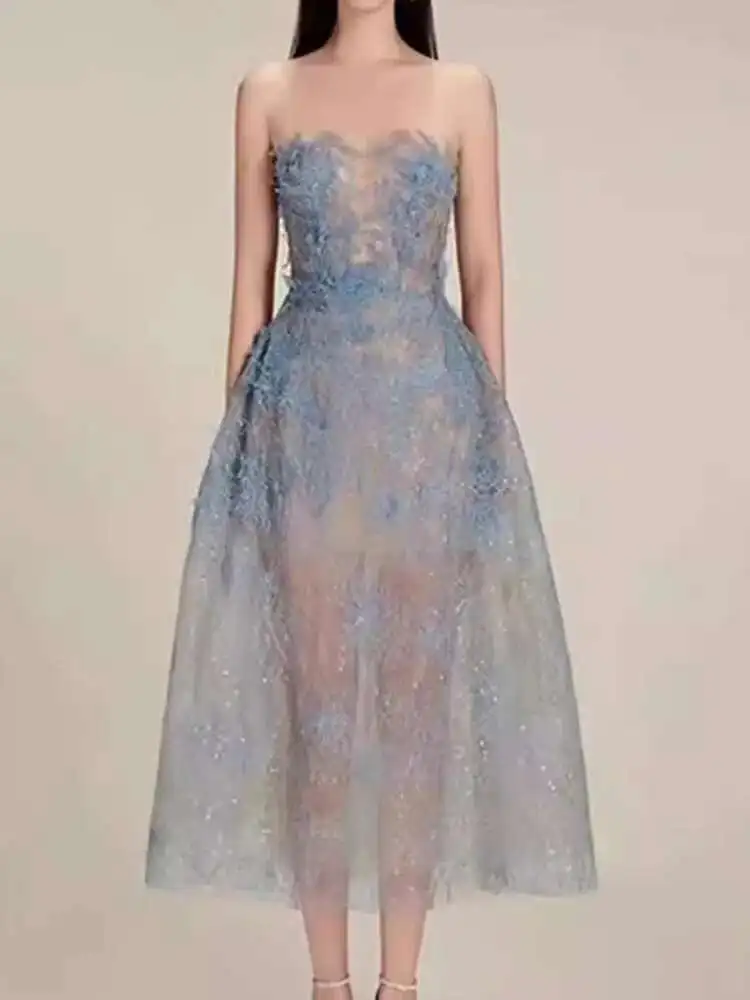 UCXQ Korean Style 3D Flower Sequin Lace Strapless Dress Elegant Multi-color  Mesh Long Dresses Women 2025 New Spring Summer A7877 - AliExpress 200000345