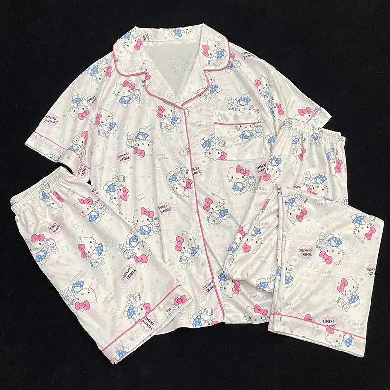

Новинка Пижама-тройка Sanrio Kawaii Hello Kitty шорты с коротким рукавом брюки весна-лето милый высококачественный комплект для домашнего обслуживания