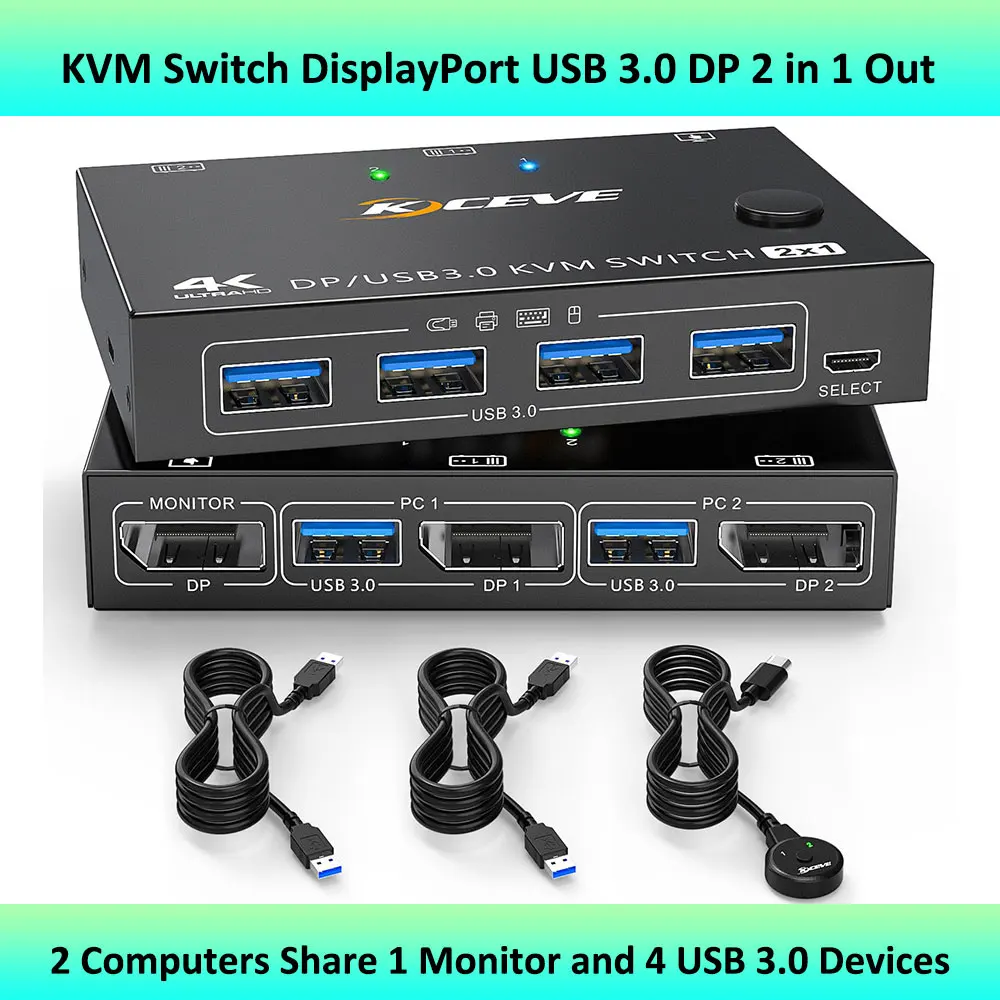 Switch Kvm Displayport Usb 3.0 Dp Kvm Switch 2 In 1 Out 3440 X1440 @ 144Hz,3840 X2160 @ 60Hz Per 2 Computer Condividi 1 Monitor