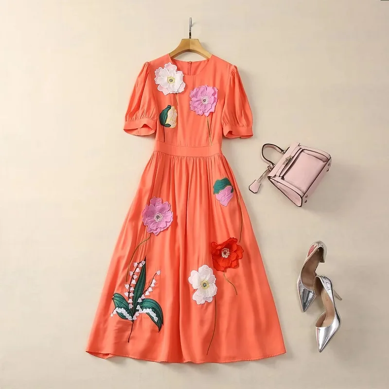 

Luxury Dress 2024 Spring Summer Fashion Design Clothes Women Hand Made Flower Embroidery Short Sleeve Midi Purple Orange Dress