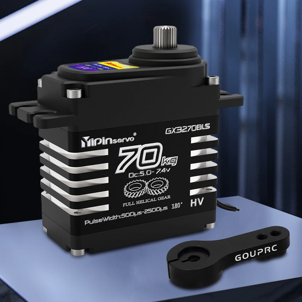 Vue latérale du servomoteur Brushless 70KG 7.4V à engrenages obliques, adapté aux crawlers et camions RC