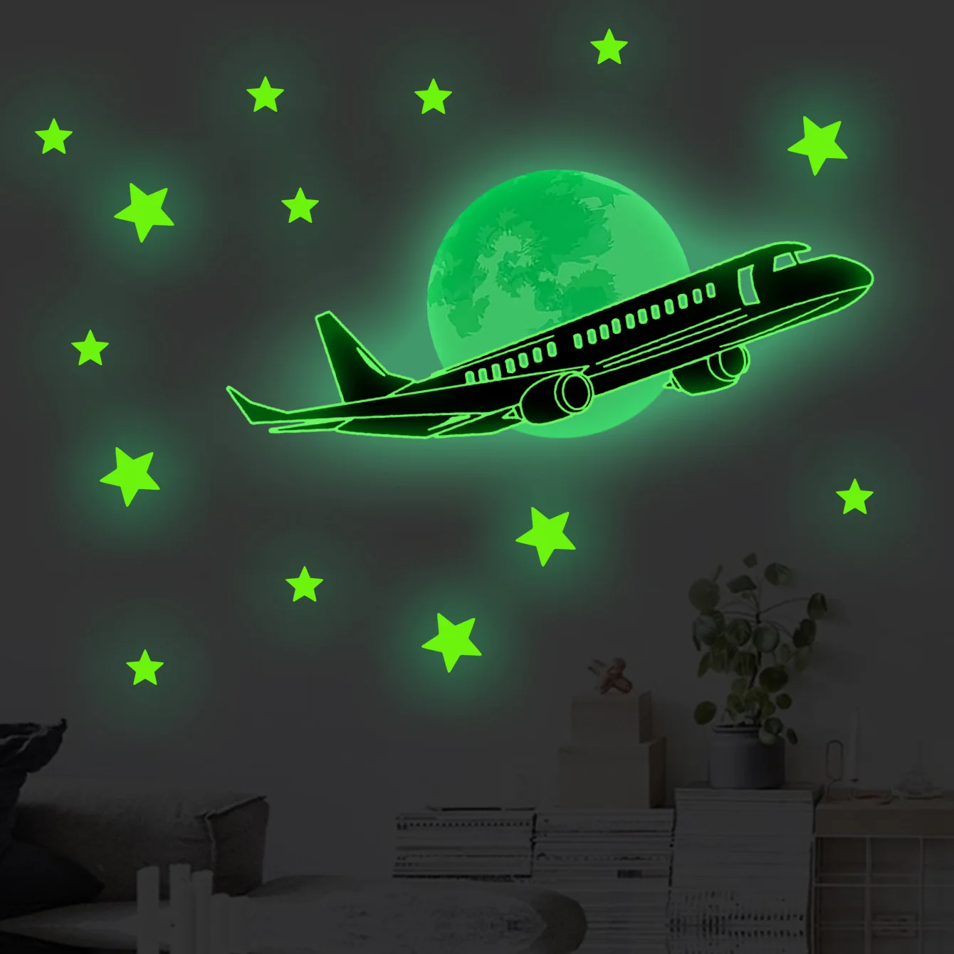 Night Sky Airplane Star Luminous Wall Sticker  Blue Green Fluorescent Sticker Bedroom Children's Room Decor Mural Wall Sticker