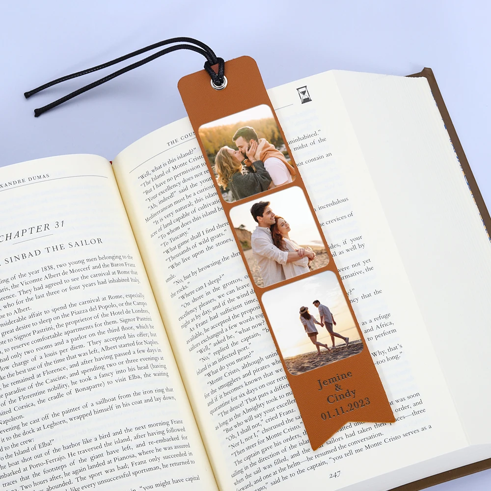 

Custom 3 Photos Leather Bookmark Couple 3rd Anniversary Gift Personalized Name Date Bookmarks for Him Her Valentine's Day Gifts