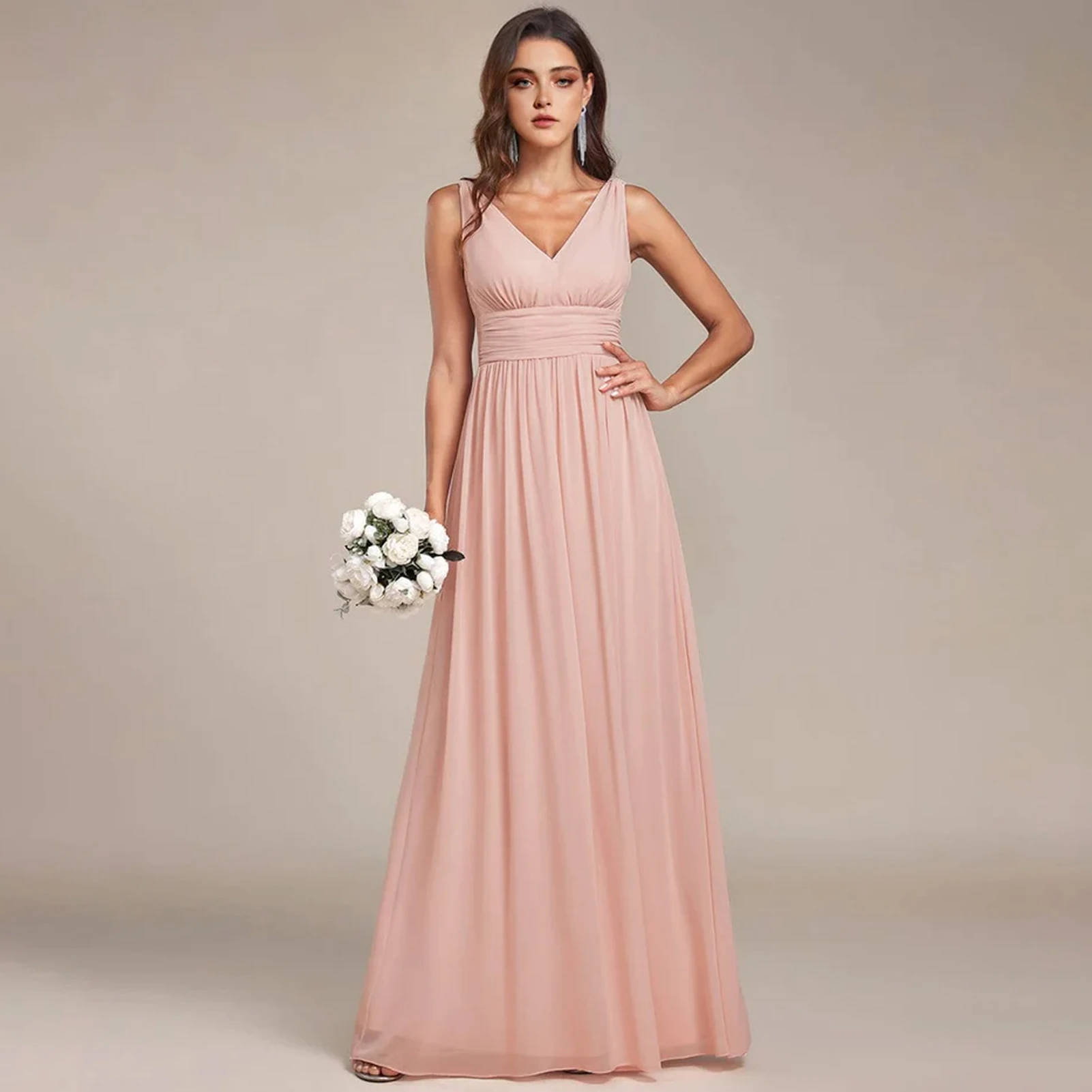 

Simple A-Line Bridesmaids Dresses Elegant Sleeveless Chiffon Prom Gown V-Neck Off-Shoulder Maid Of Honor Dress Party Gowns