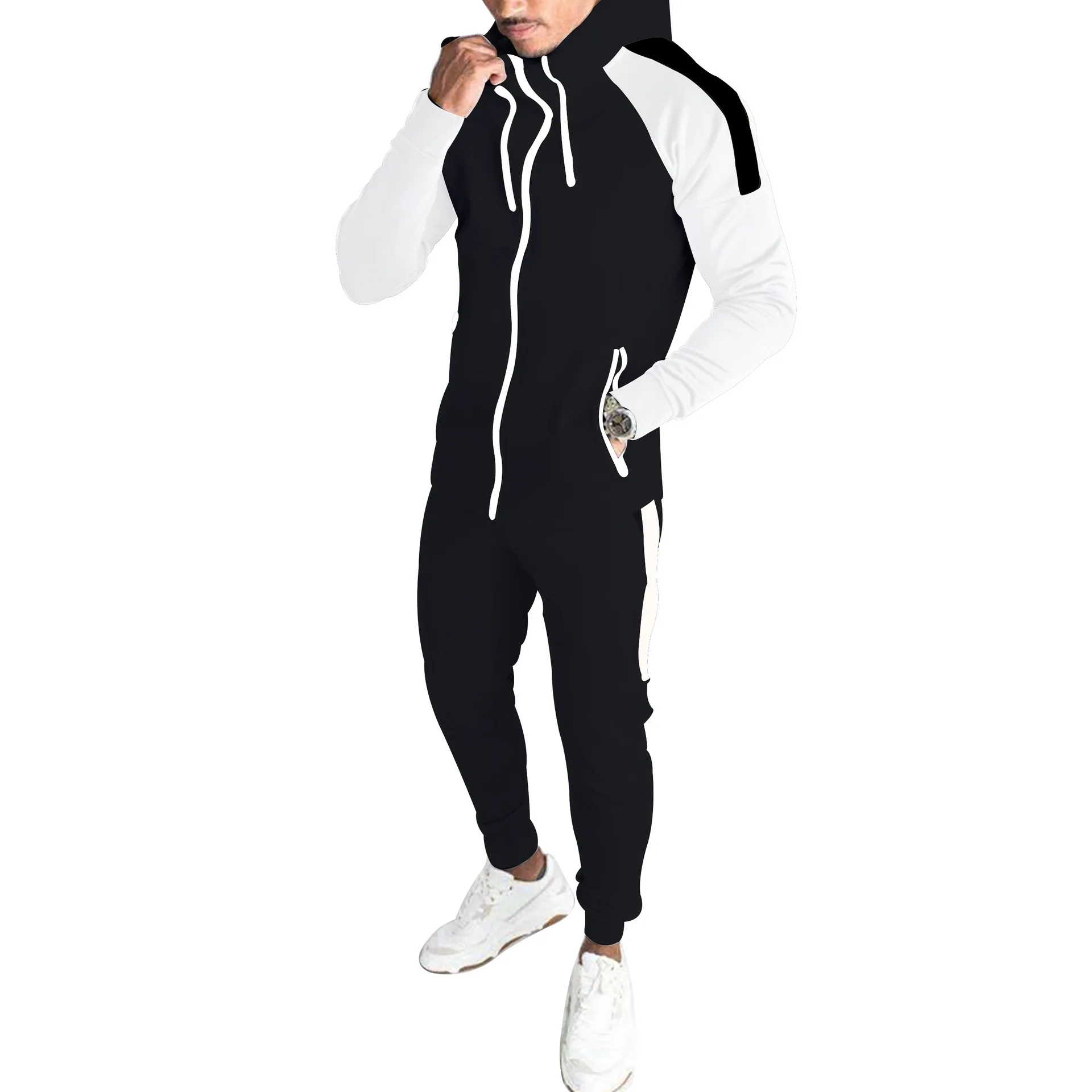 2024 Spring Men's Casual New Slim Fit Fashion Hip Hop European and American Style Hoodie Solid Color Sweater Sports Set