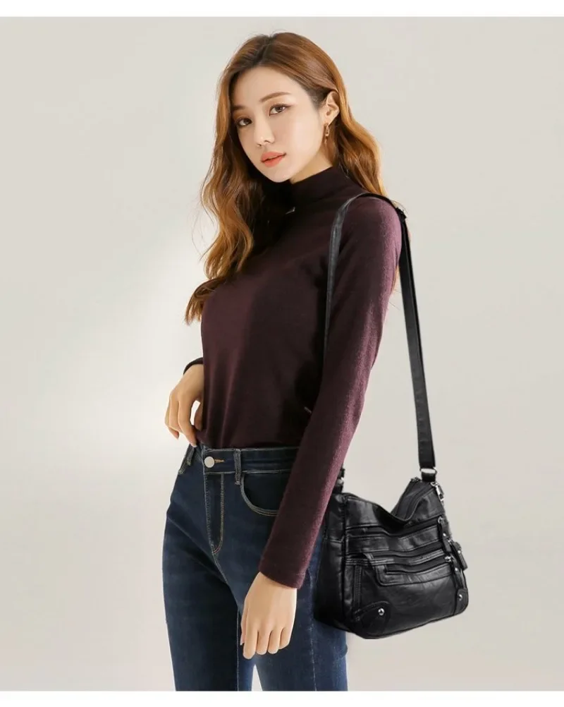 Soft Leather Shoulder Bag - Women's Crossbody Double Layered Large Capacity Tote