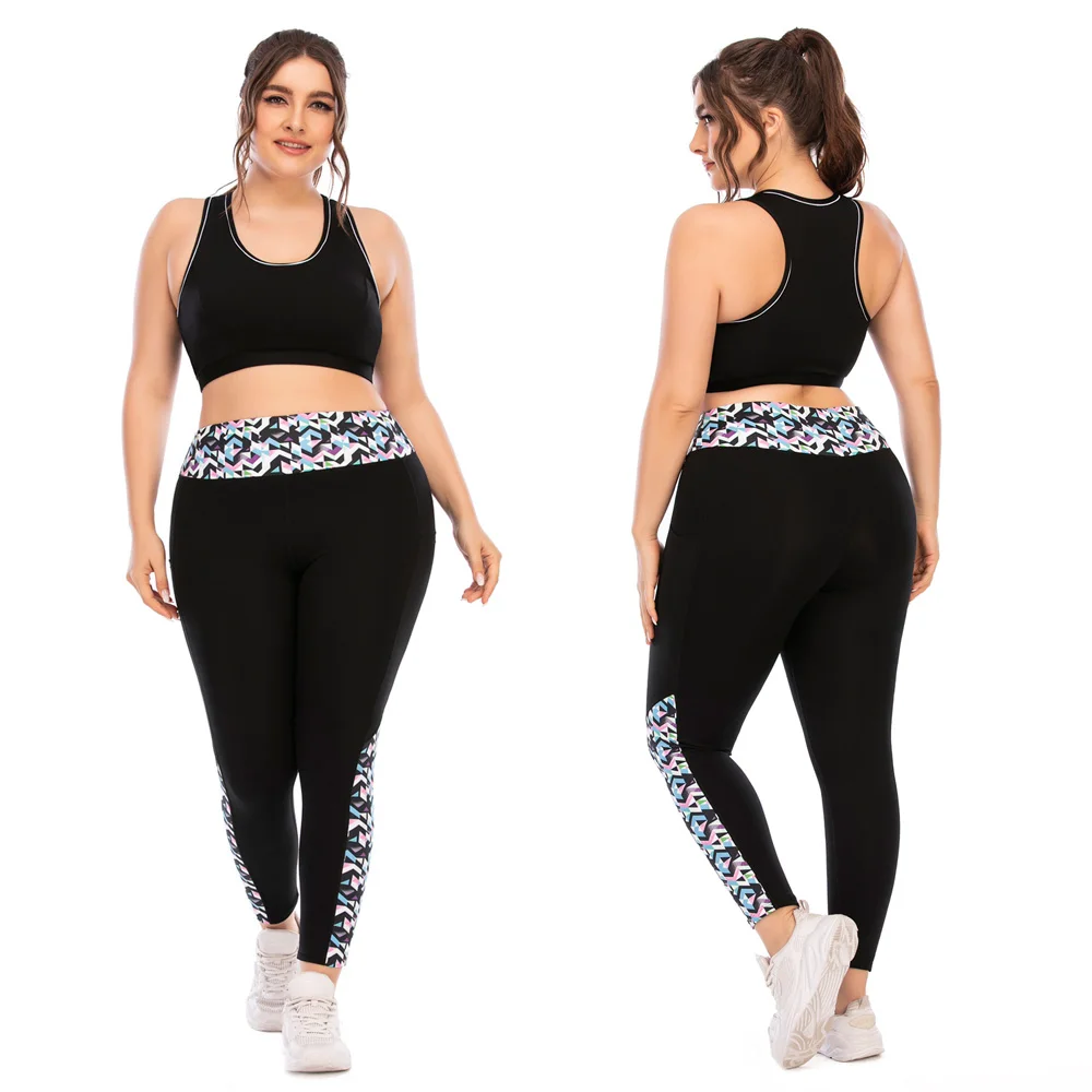 

L-XXXL черные подходящие комплекты большого размера женский спортивный костюм топы для тренажерного зала йоги бега фитнеса плюс одежда спортивный костюм леггинсы