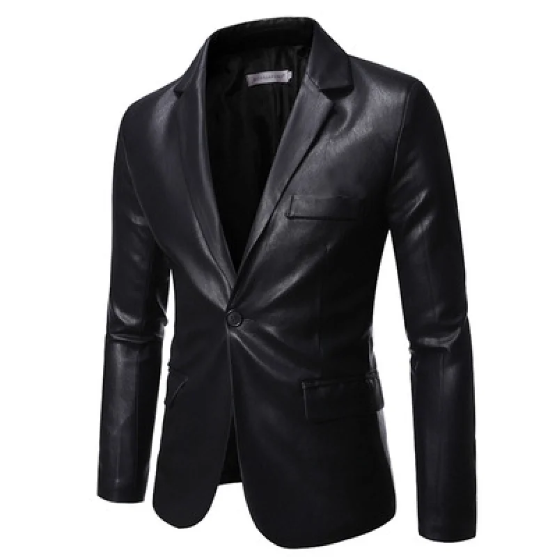 Men's suit jacket casual Korean style slim fit business wear PU leather blazer