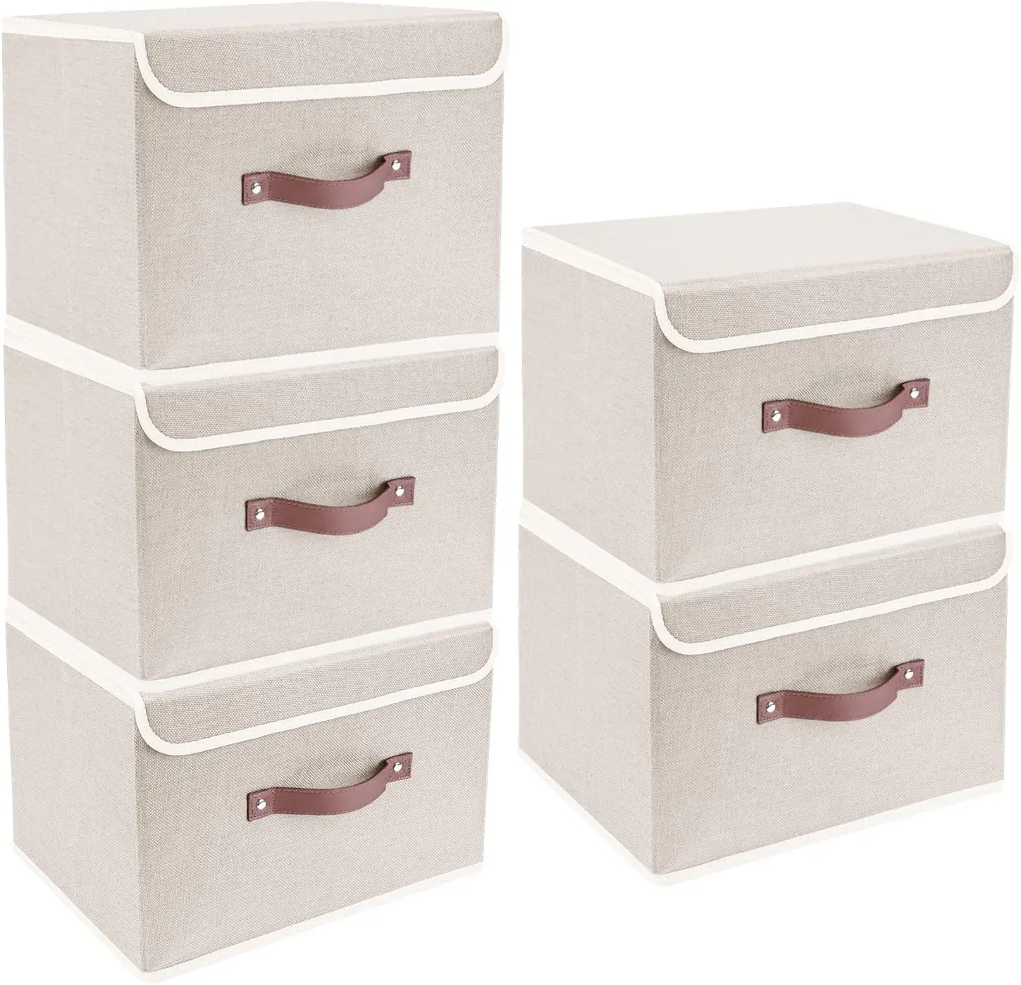 Foldable Storage Boxes with Lids 5 Pack Fabric Storage Bins with Lids, Room Organization, Office Storage, Toys - Beige 2