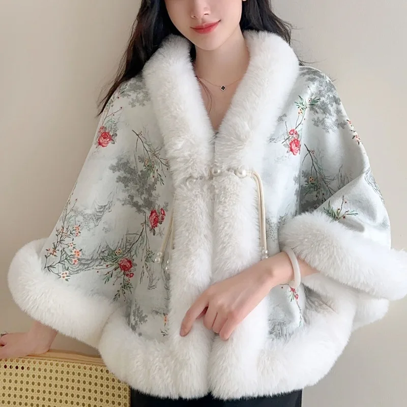 

Poncho Cloak Shawl Women's Autumn Winter Short Print Plush Thickened Imitation Rabbit Fur Collar Cheongsam Wedding Cape Coat B3