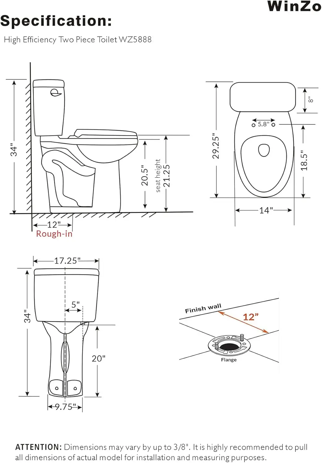 Elongated Two Piece Toilet with Extra Tall Bowl 21.25” Comfortable 1.28 GPF Side Flush White 6