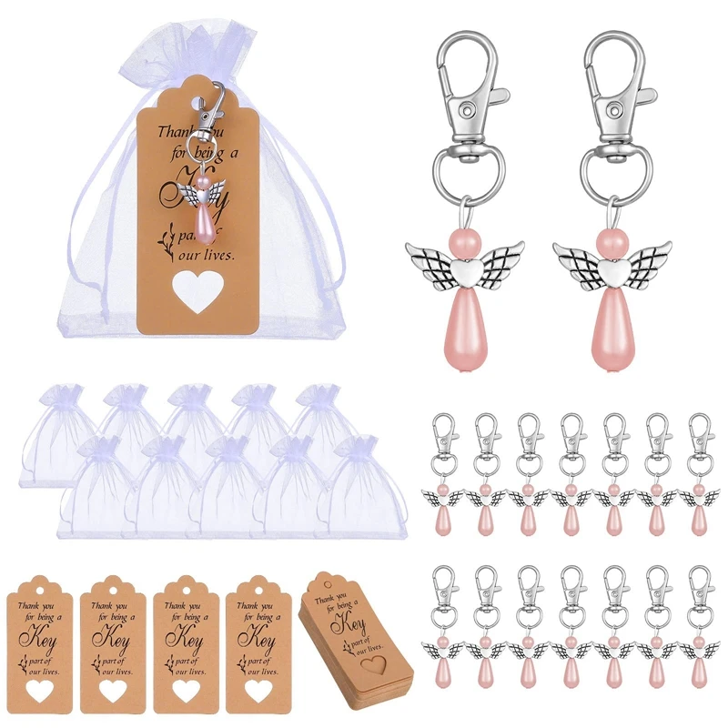 

NEW-38 Pcs Favors Angel Keychain With Thank You Kraft Tags For Baby Shower, Bridal Shower Favors, Wedding Charm