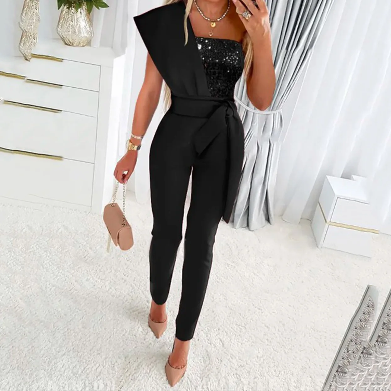 2023 New Elegant Office Women's Solid Color Bodysuit Cut-out Design Belt Decoration V-neck Fashion Sequin One-shoulder Bodysuit