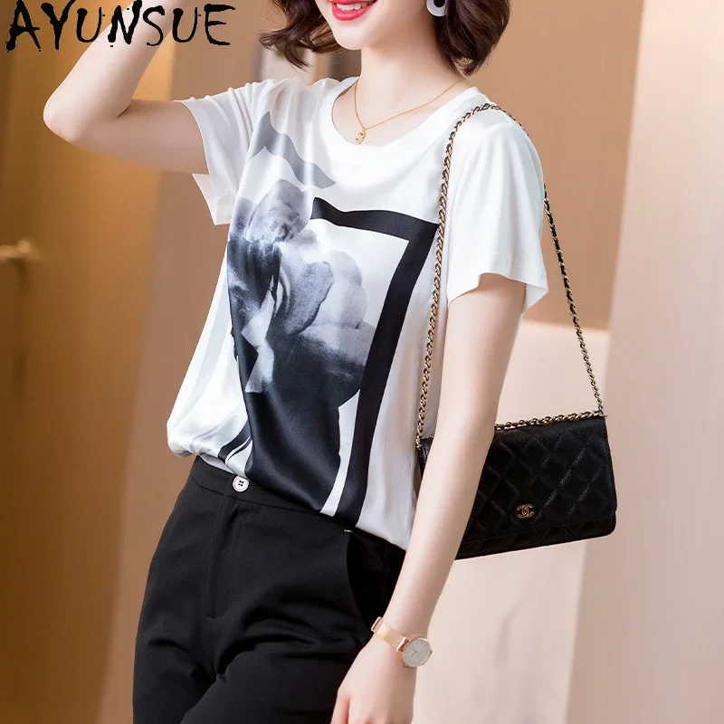 

AYUNSUE 2024 Summer New T-Shirts Women Elegant Mulberry Silk Tshirt Tide Short-sleeved Top Print Chic Women Tees Mujer Camisetas