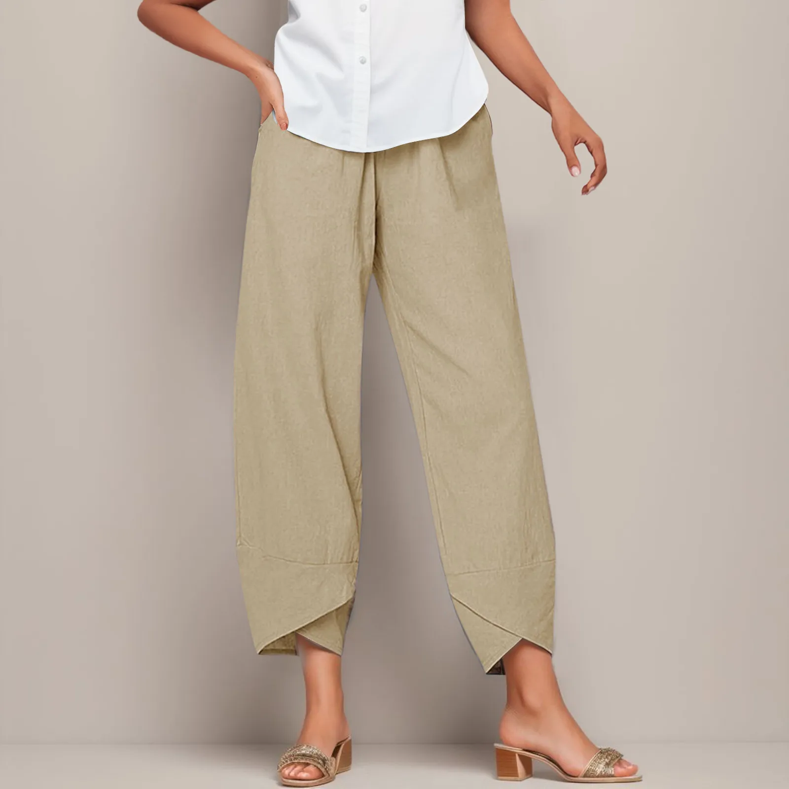 

Faux Cotton Linen Pants High Waist Trousers Casual Solid Color Pantalettes Summer Loose Women's Pants Cropped Outfits Pantalones