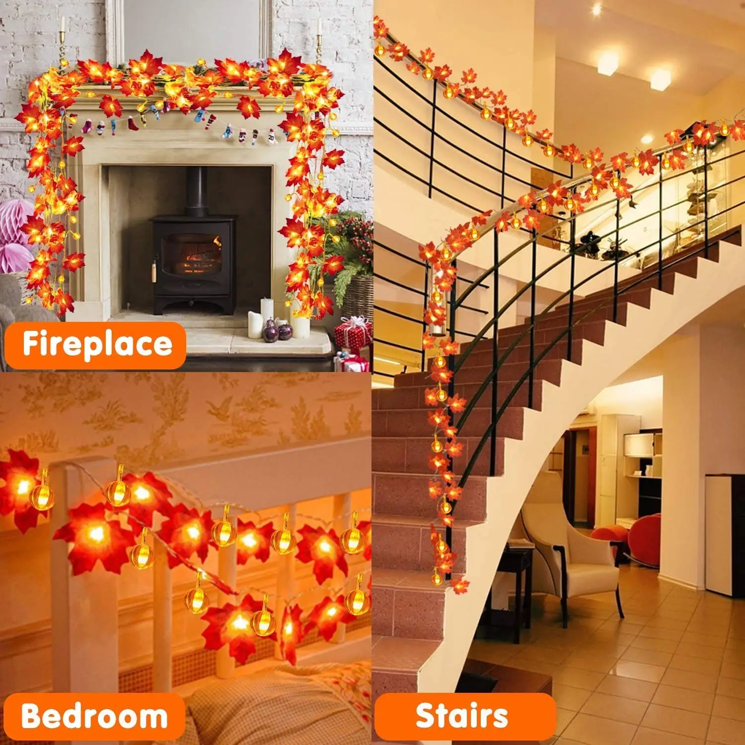 1.5M 3M 6M LED Pumpkin Maple Leaves Light String Garland USB/Battery Powered Fairy Lights Christmas Halloween Party Decorations