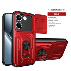 Armor Shockproof Phone Case with Lens Protector and Card Slot Holder - Durable Back Cover for Poco X8 Pro (SL - Red)