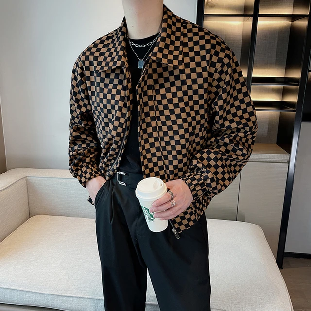 Spring Plaid Men's Denim Jacket Fashion Slim Fit Pu Patchwork