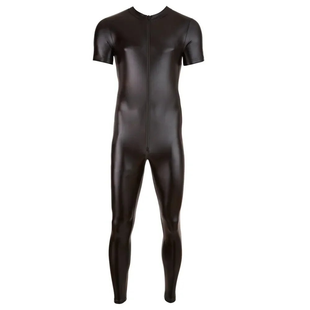 Mens Undershirts Jumpsuits Faux Leather One-piece Bodysuits Nightclub Stage Dancewear Zip Open Crotch Leotard Wrestling Singlets