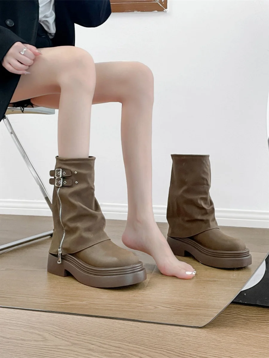 

Zipper Shoes Flat Heel White Ankle Boots Round Toe Boots-Women Low Rock Ladies Med 2023 Cowboy Autumn PVC Solid Cotton Fabric P