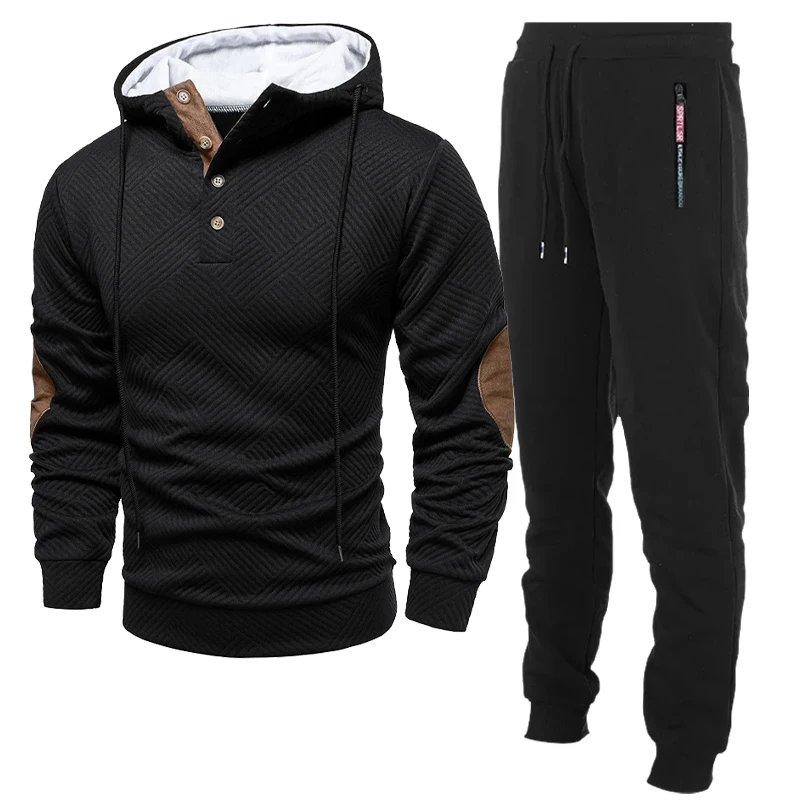 Mens 2 Pieces Pullover Hooded Set Long Sleeve Drawstring Button Sweatshirt Texture Hiking Outdoor Jackets with Baggy Pants