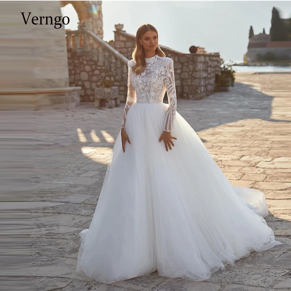 

Verngo Modest Lace Top Tulle A Line Wedding Dresses Long Sleeves High Neck Bride Gowns Arabic Women Robe de mariahe 2023 New
