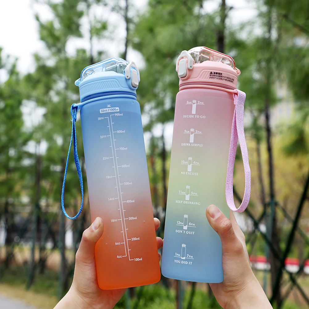 1L Sports Gradient Water Bottle Outdoor Time Marker Frosted Straw