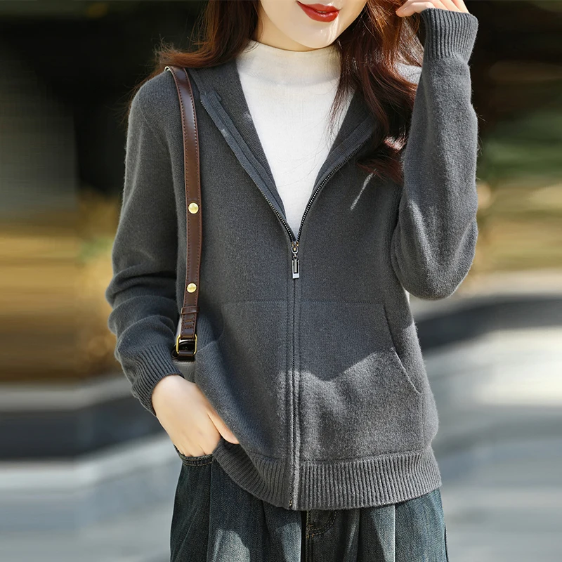 Thickened Women's Cardigan With Long Sleeves  Pockets Hood Fashionable Autumn Winter No Stitching  100% Wool Sweater Girl Tops 3
