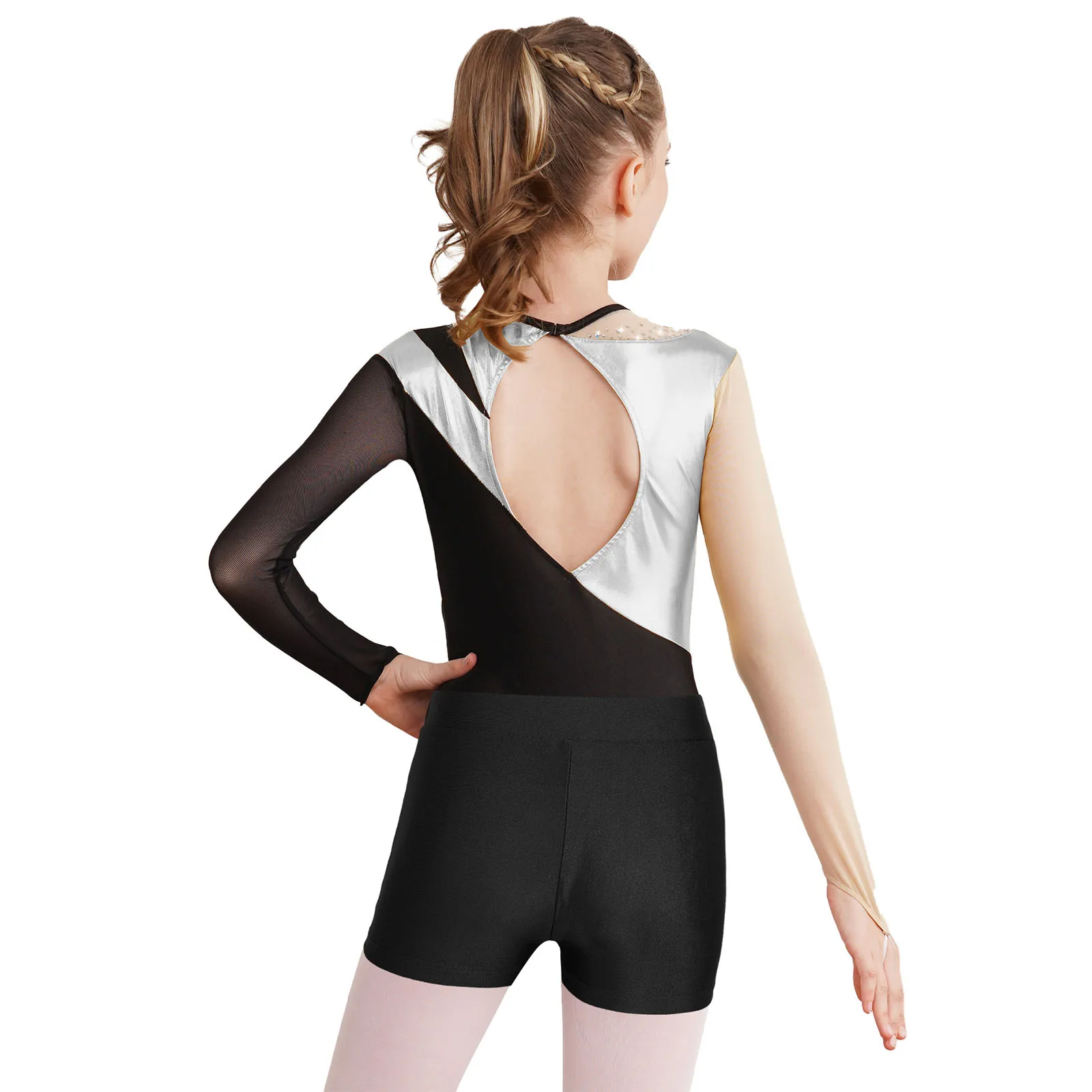 Kids Patchwork Gymnastics Leotard Bodysuit Long Sleeve Dancewear Sets Ballet Outfit Teen Girls Children Figure Skating Jumpsuit