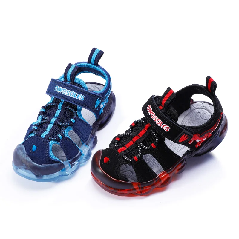 EXDINO T-Rex LED Children Sandals Summer Boys Girls Genuine Leather Luminous Sole Light Up Kids Outdoor Casual Beach Shoes