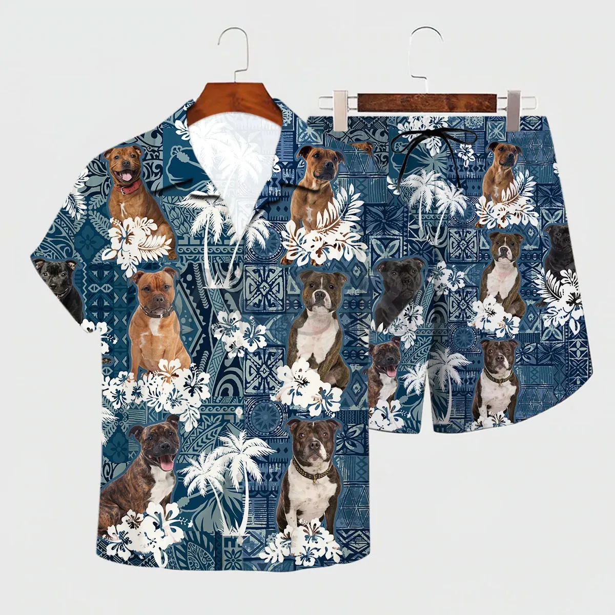 

Staffordshire Bull Terrier Hawaiian Set 3D All Over Printed Hawaii Shirt + Beach Shorts Men For Women Funny Dog Sunmmer Clothes