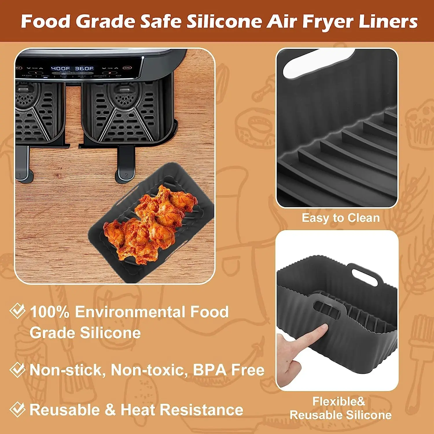 Air Fryer Silicone Liners for Ninja Dual Air Fryer, Non-Stick Air Fryer  Basket Accessories for Ninja DZ201/ DZ401 8-10 QT