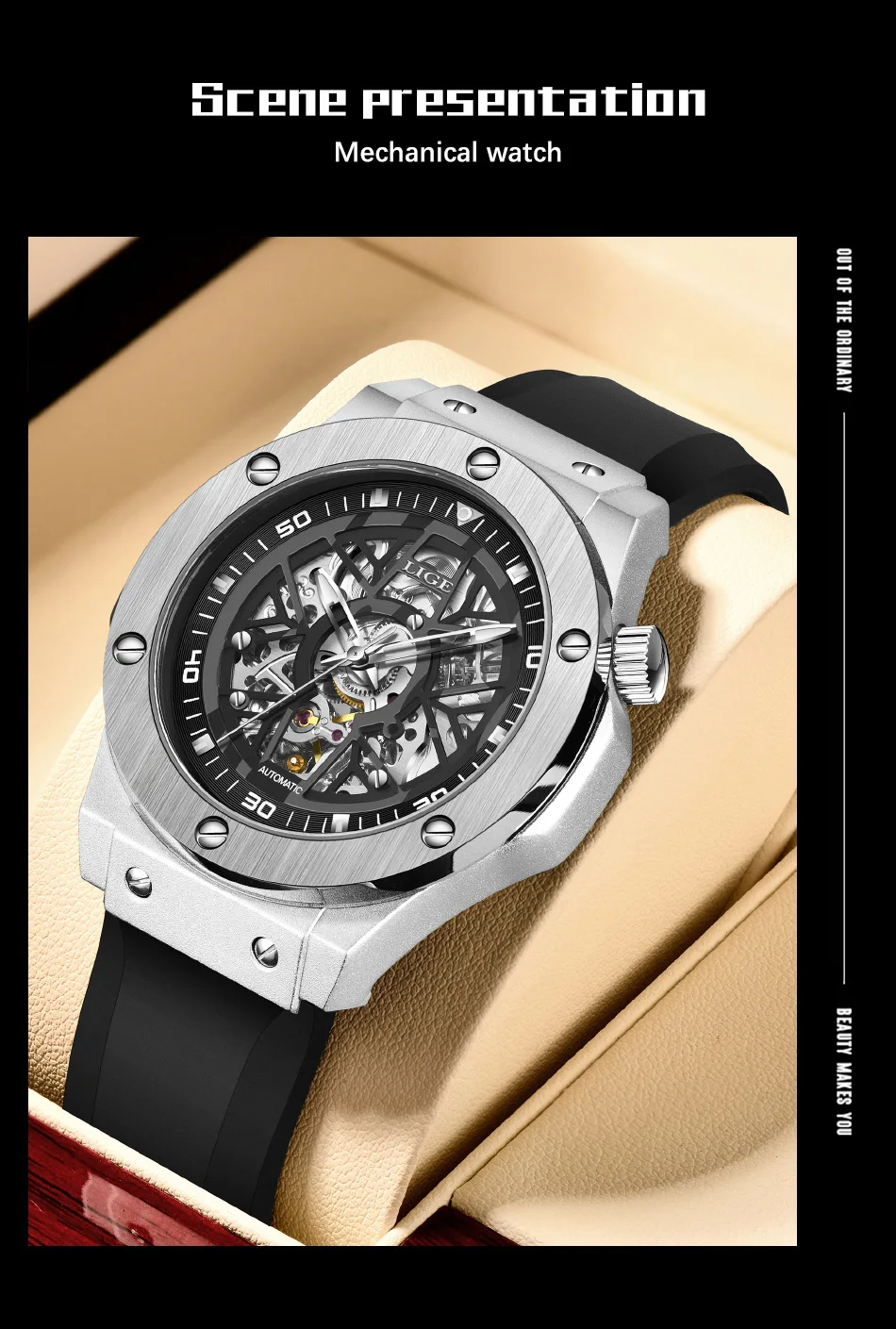 Hollow Out Design Automatic Watch For Men Luxury Stainless Steel Rubber Strap Mechanical Watch 30M Waterproof Reloj Hombre_voghion.com
