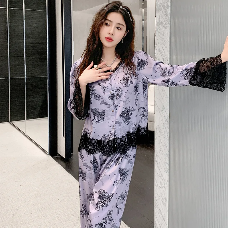 

Новинка, женская пижама из искусственного шелка, домашняя одежда, весенне-осенний женский Пижамный костюм с длинным рукавом, комплекты одежды для сна с принтом