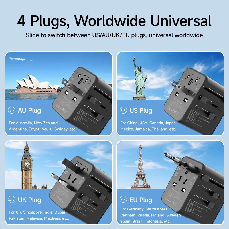 유니버설 여행용 어댑터 2 USB-A 2 USB-C 전세계 여행용 자가 재설정 퓨즈 - 컴팩트 멀티 포트 충전 스테이션