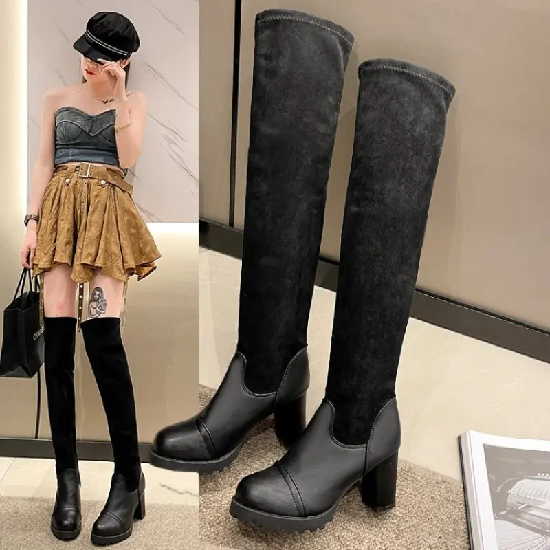 New Faux Suede Female Heels Autumn Zipper Elastic Knee-high Boots for Women Tube Lace-up Thigh Gigh Boots Black Botas Mujer 2024