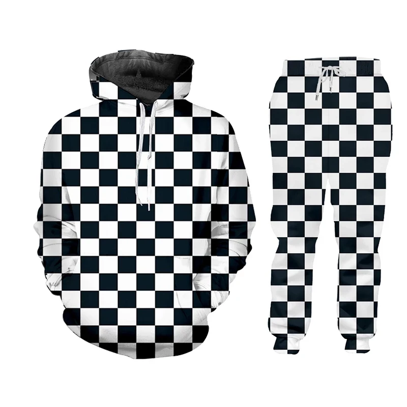 Black And White Plaid Checkerboard Casual Streetwear Sweatshirt Pants 3d Crewneck Hoodie Pullovers Men/Women Tracksuit Oversized 2