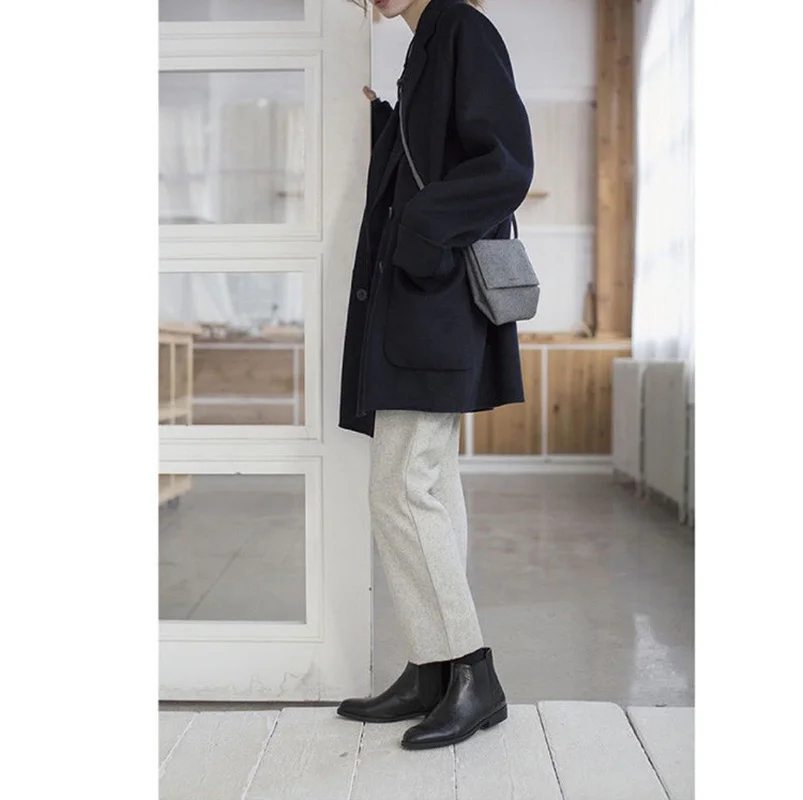 Loose Wool Blend Coat Autumn Winter Warm Casual Commute Outwear England Style Women Lapel Single Breasted Solid Colors Overcoats