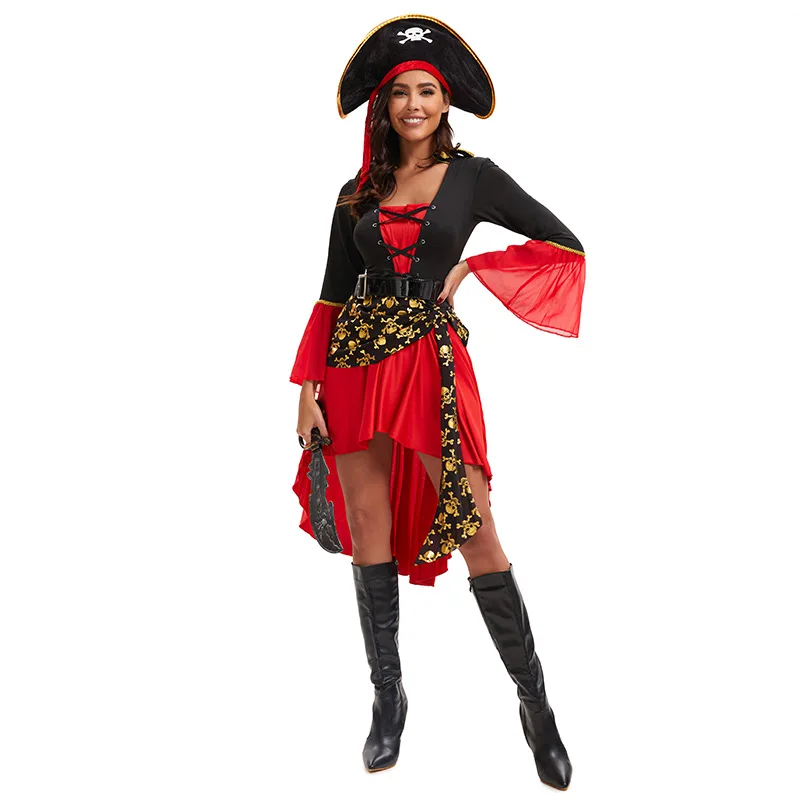 S-3XL Black Red Dress With Belt Pirate Hat Role Playing Cosplay Costume Halloween Women Sexy Underwear With Long Sleeves