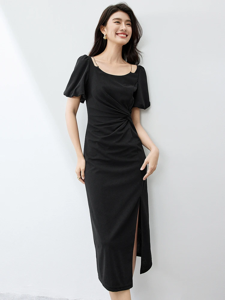 

SENTUBILA Puff Sleeve A-line Black Dress For Women Round Neck Side Split Midi Dresses 2024 Summer New Female Clothes 142L54254