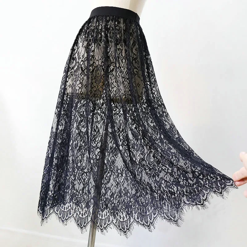 Women Sexy Mesh Lace Transparent Long Tulle Skirt Korean Fashion Summer Ladies Elastic High Waist Black White Beach Midi Skirt 1