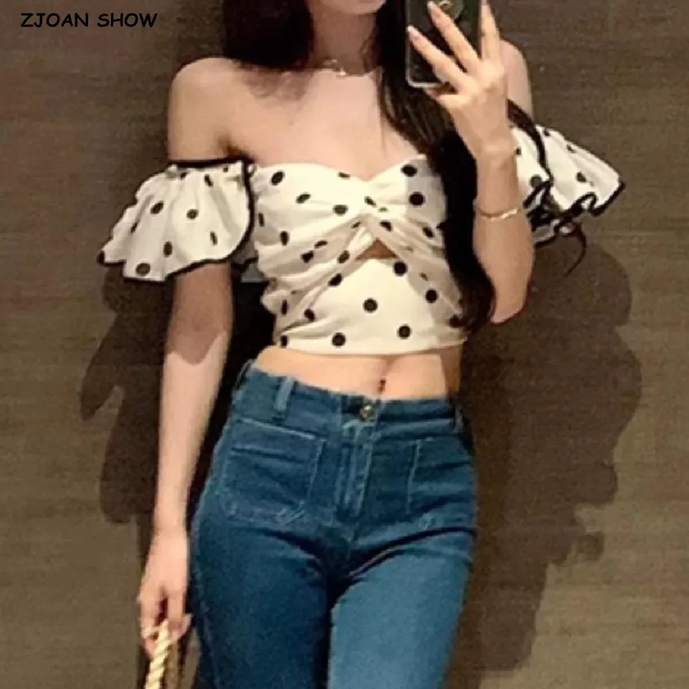 2025 White Black Polka Dot Cross Bow Chest Ruffles Off Shoulder ...