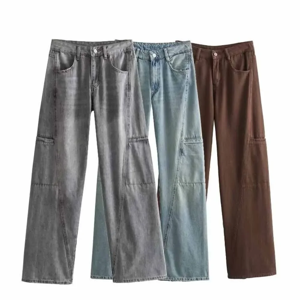 

Women 2023 New Fashion Sewing decoration Loose Cargo Jeans Vintage Mid Waist Side Pockets Zipper Female Denim Pants Mujer